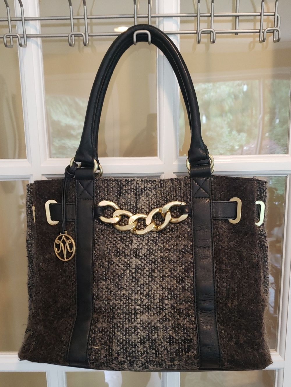 Vtg Johnson & Murphy Black and Brown Tweed Tote Bag with Gold Chain Accent